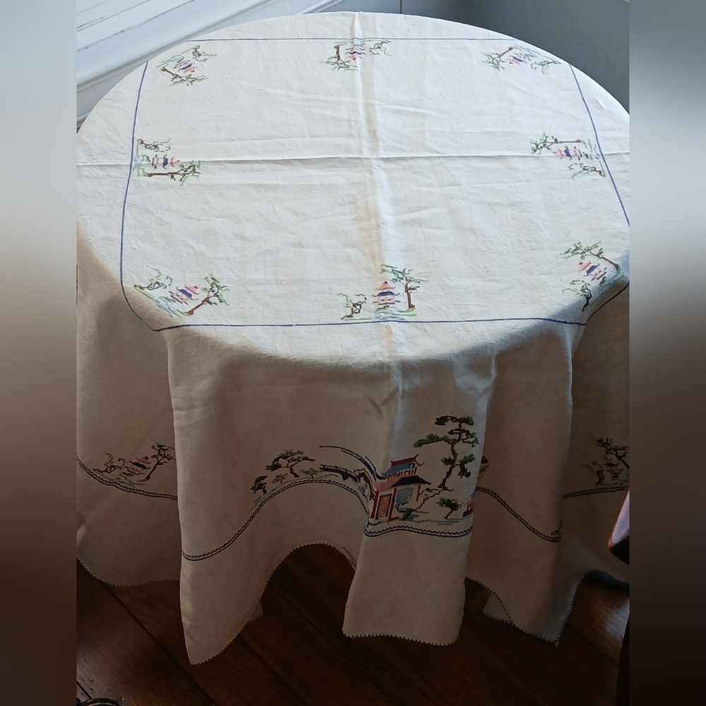 Vintage Irish Linen Cross Stitched Tablecloth 50" By 50" Approx